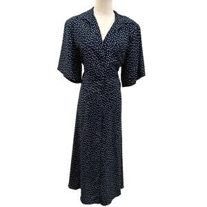 Axiom Vintage Navy Blue Polka Dot Midi Dress 10 Flutter Sleeve 80s Retro Cottage